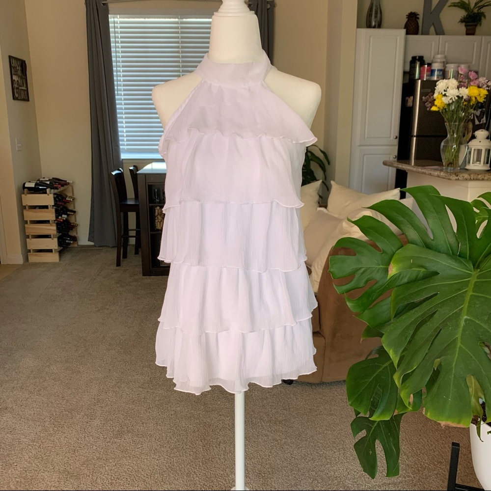 High Neck Ruffle Sleeveless Top with Keyhole Back